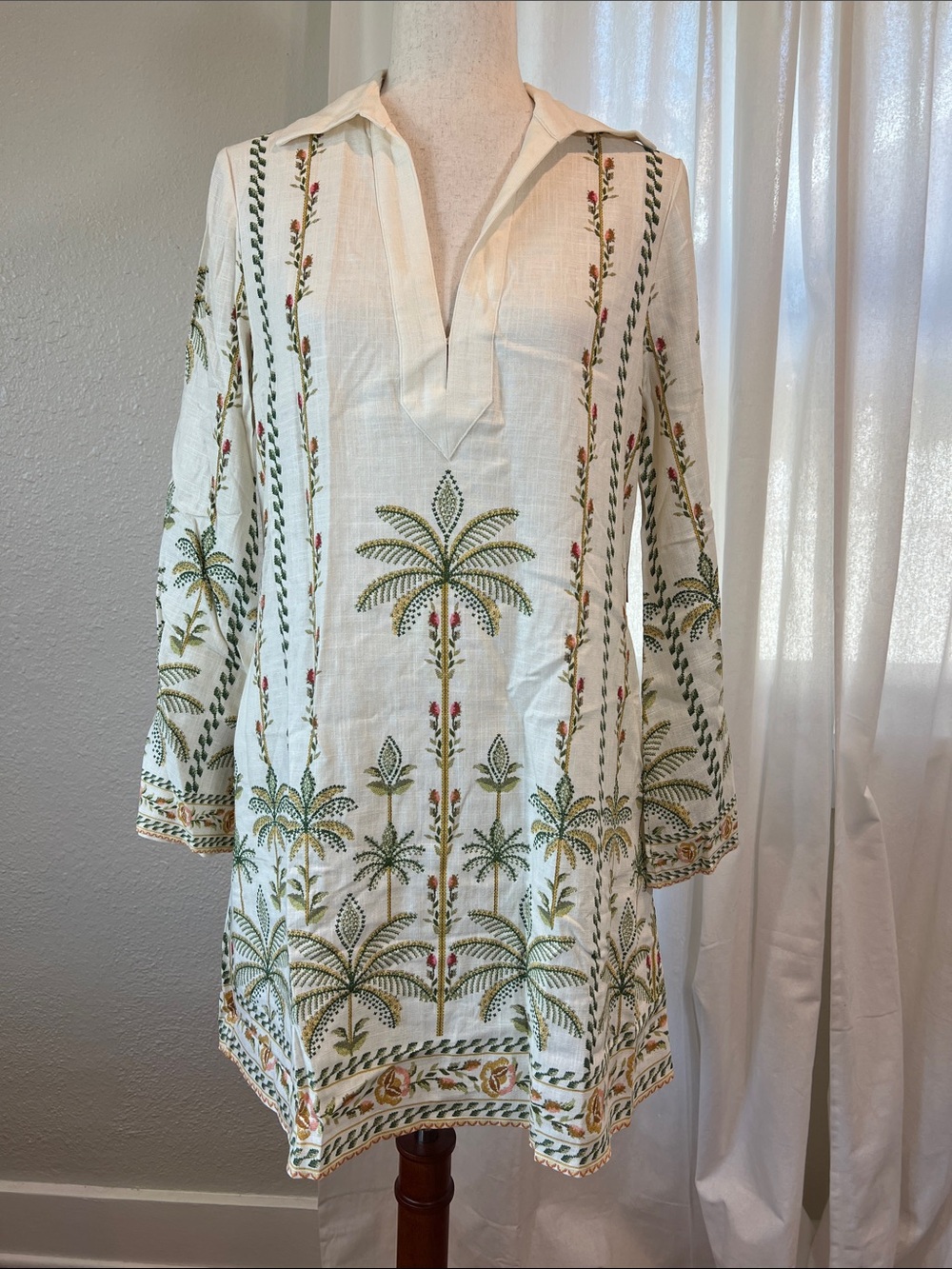 Anaya for Few Moda Francisca Embroidered Palm-Print Linen Dress. Size S. NWT